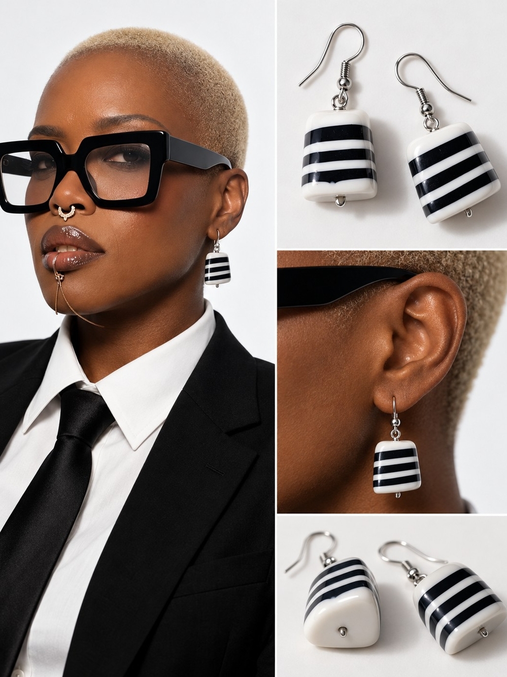 Black & White Striped Drop Earrings - Women Jewelry